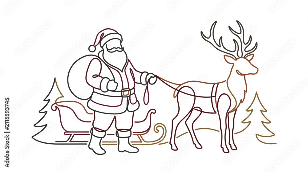 Obraz premium Continuous line drawing of Santa Claus holding a gift sack and reins for a reindeer with large antlers. Minimalist Christmas scene includes a sleigh and pine trees on a white background.