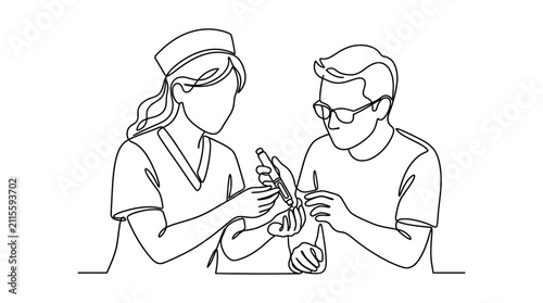 Continuous line drawing of a nurse teaching a patient how to use an insulin pen.