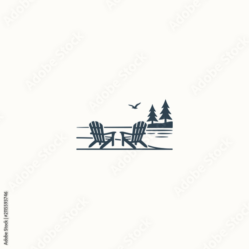 Minimalist Lakeside Adirondack Chairs and Nature Illustration