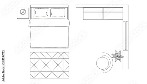 Architectural line drawing showing the floor plan layout of a bedroom with a bed, nightstand, rug, and wardrobe.