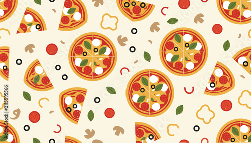 Seamless appetizing pizza pattern showing whole pizzas, slices, pepperoni, mushrooms, and olives on a cream background.