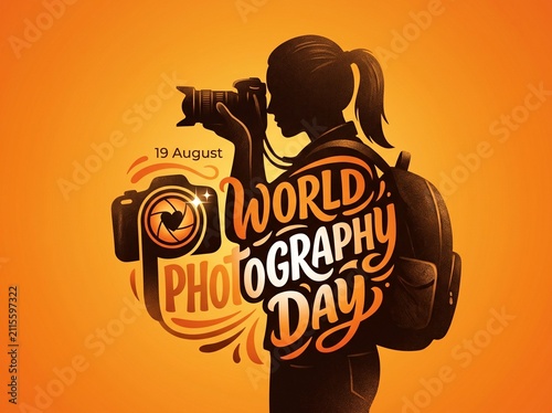 World Photography Day Illustration with Female Photographer Silhouette, Camera, and Backpack on Orange Background