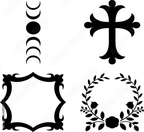 Set of black gothic symbols cross moon frame and floral wreath