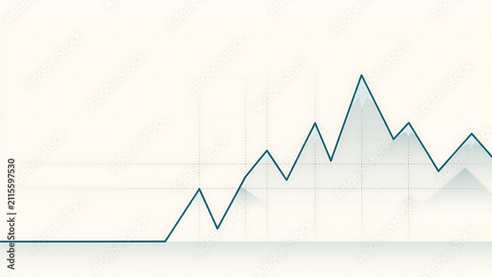 Obraz premium Minimalist line graph showing a rising trend with mountain peaks on a clean white background, for business data analysis.