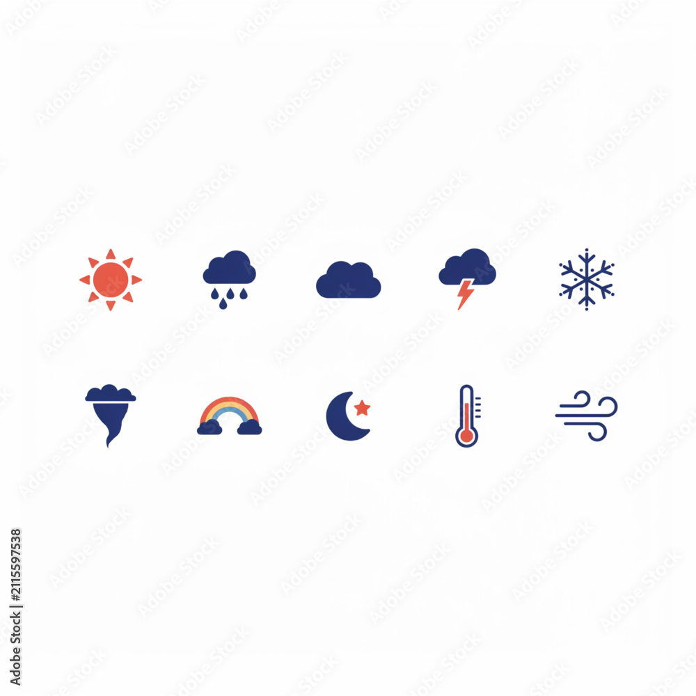Obraz premium A diverse and colorful collection of vector weather icons, showcasing various atmospheric conditions such as sunny, rainy, cloudy, stormy, snowy, windy, and more, ideal for UI/UX design