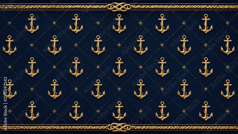 Obraz premium Luxurious navy quilted background with repeating gold anchors and decorative rope borders