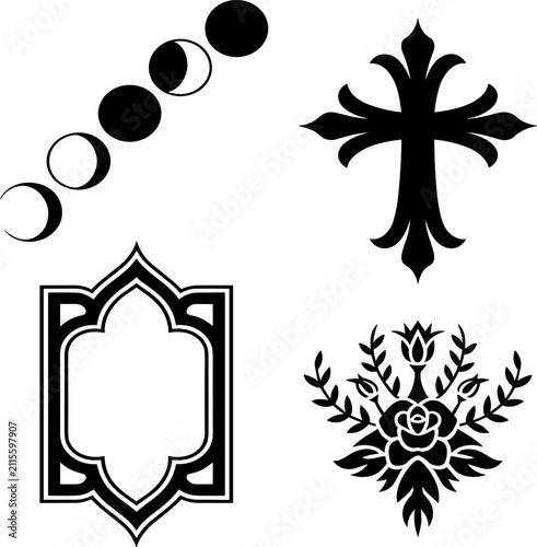 Black gothic symbols collection with moon phases and cross