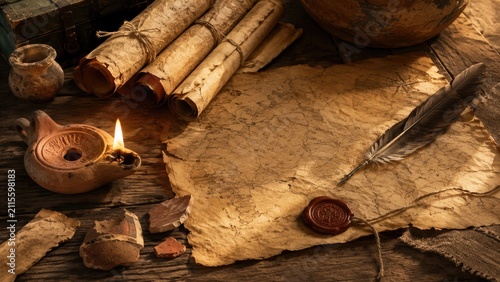 A weathered parchment treasure map on a rustic wooden table with quill, wax seal, rolled scrolls, oil lamp and pottery shards lit by warm ambient light