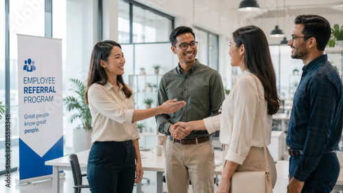Employees welcoming a new referral hire