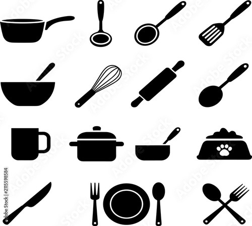 Set of black kitchen tools and cooking utensil icons