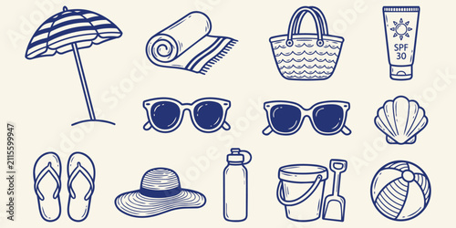 Obraz na plátne Beach Day Essentials: A collection of hand-drawn, blue-ink illustrations depicting essential items for a perfect day at the beach, including an umbrella, towel, sunglasses, and more
