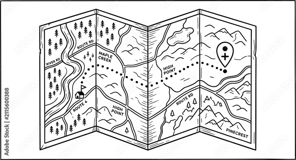 Fototapeta premium Retro folded paper adventure map with topographic mountains forest river and pin pointer for hiking exploration journey