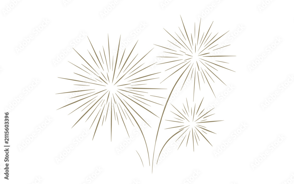 Fototapeta premium Elegant gold hand-drawn line art fireworks exploding upward with a celebratory feel on a clean minimal white background.