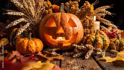 Halloween pumpkin candle autumn harvest still life rustic wood warm glow festive leaf table cozy warm light jack o lantern decor