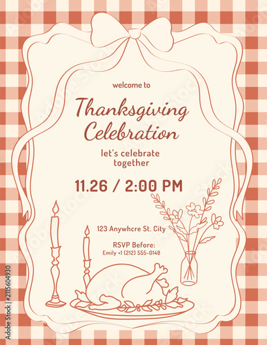 Vertical vintage vector Thanksgiving invitation with a gingham background, ribbon frame, roast turkey, candles and flower bouquet in terracotta line art.