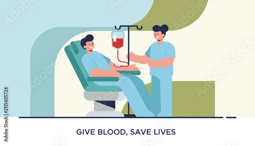 Medical blood donation illustration with a healthy male volunteer lying in a chair and a female nurse assisting.