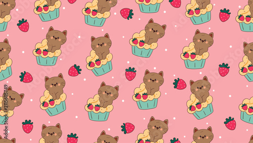 cute seamless pattern hand drawn cartoon cat and strawberry cupcake for wallpaper and desktop background