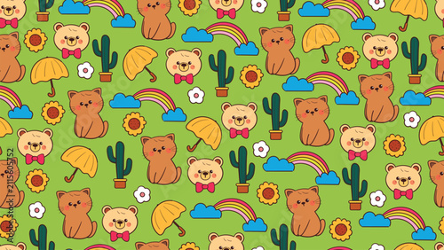 cute seamless pattern hand drawn cartoon bear and cat with plant and sky element for wallpaper and desktop background