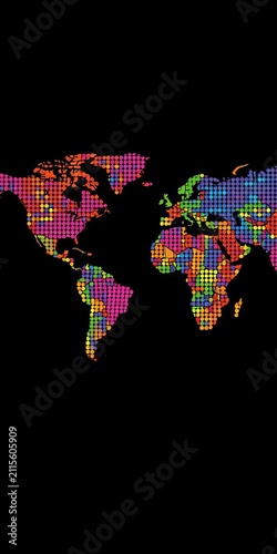 Colorful world map mosaic made up of small dots in different colors to represent each continent dotted design simple flat vector illustration, ||Continents, Vector Illustration
