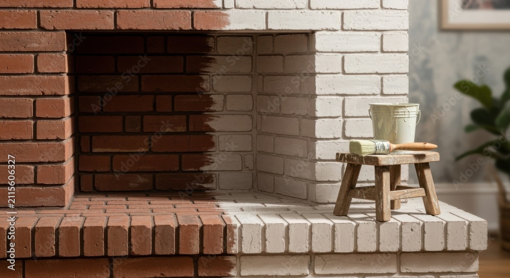 Obraz premium Side angle shot of partially limewashed brick fireplace showing progress with half the bricks covered in light lime finish half raw red.
