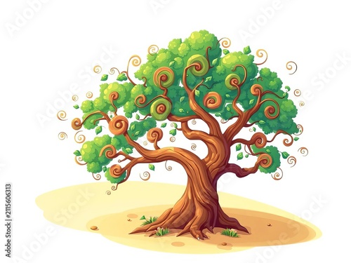Whimsical Cartoon Tree with Swirling Branches, branch, ||quirky