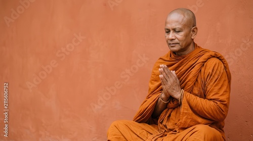 Buddhist monk in saffron robes engaged in meditation