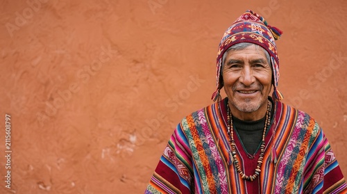 Andean man in a traditional chullo and colorful poncho