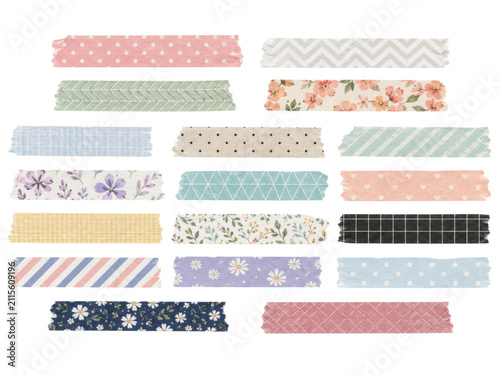 Washi tape collection in various patterns and colors. decorative adhesive paper strips.