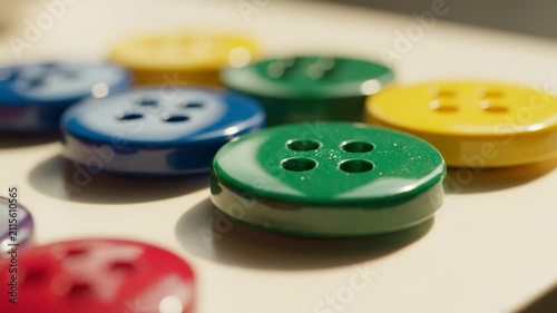 Colorful assorted sewing buttons on white surface with shallow focus