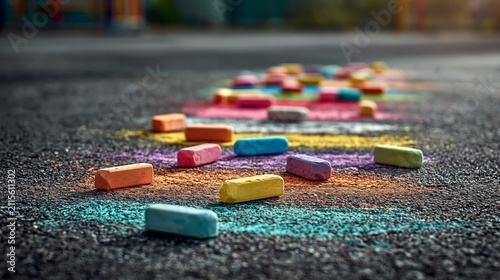 creativity and childhood expression. Colorful chalk pieces scattered on asphalt surface, vibrant drawings and patterns visible in outdoor playground setting