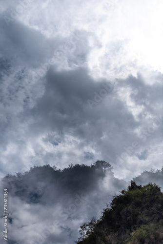 Moody double exposure forest landscape with dramatic storm clouds and mist