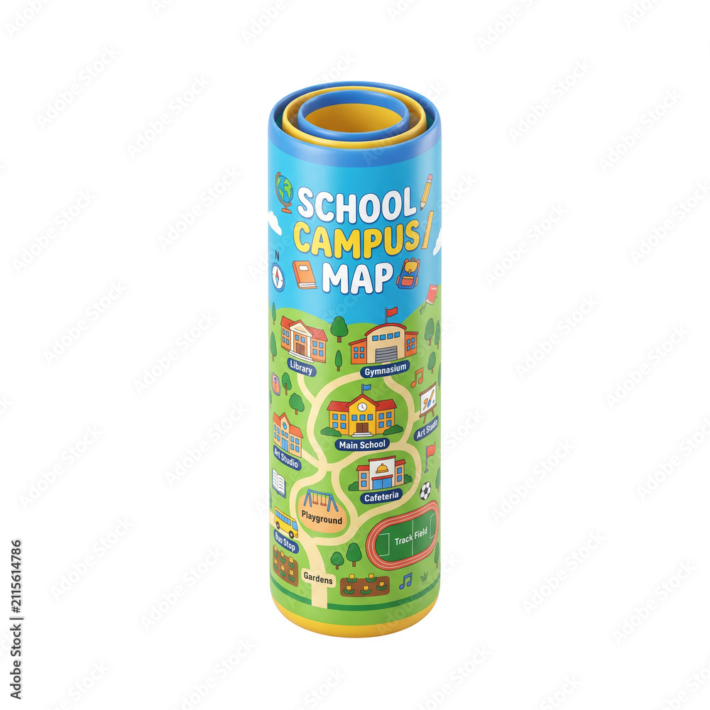 Fototapeta premium Back To School isolated white background of a rolled-up school campus map tube with cartoon illustrations of buildings.