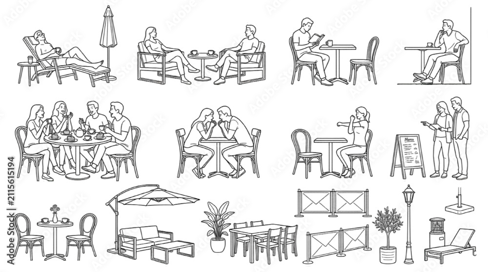 Obraz premium Outdoor Cafe Furniture Architectural CAD Vector Elements Collection Set