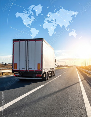Truck on highway with global network overlay, symbolizing logistics