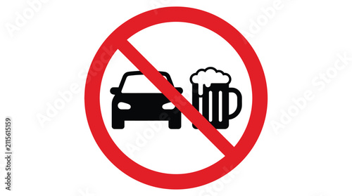 No drink and drive sign icon with red prohibition circle over car and beer mug for safety warning