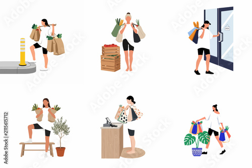 Collection of flat vector illustrations featuring a young woman shopping for groceries and carrying multiple shopping bags in various everyday scenarios.