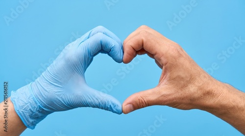 Two people making a heart shape with their hands one wearing blue medical gloves community partnership kindness