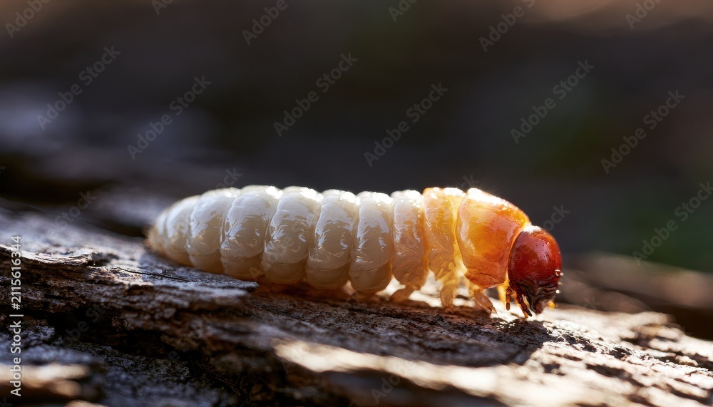 Obraz premium Grub worm crawling on tree bark in sunlight close up macro view of insect larva