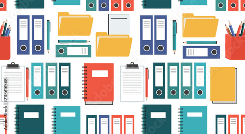 Colorful seamless pattern shows various office supplies such as binders, folders, notebooks, pencils, and clipboards.