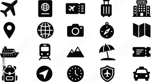 Set of black travel icons featuring transportation tourism landmarks and vacation planning symbols on a white background
