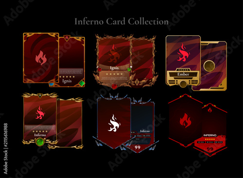 Inferno fantasy trading card collection featuring fiery front and back templates with modern, medieval, ancient, futuristic, and golden frame styles for RPG, TCG, CCG, collectible, and gacha game UI.