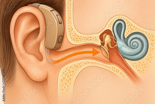 Cross section illustration of hearing aid device in human ear showing sound transmission pathway