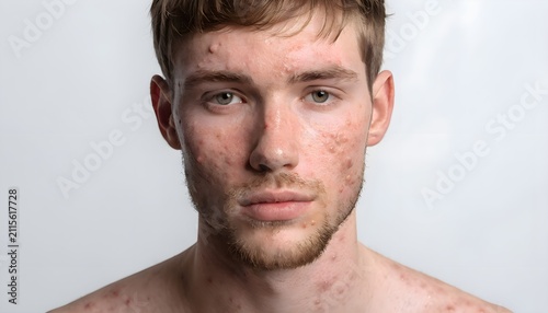 Candid close-up portrait of a young man, openly displaying various skin conditions and imperfections, highlighting the natural texture and reality of human skin