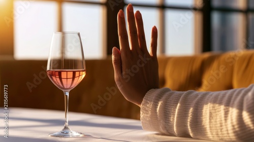 Person Refusing Drink for Wellness Focus in Bright Environment with Glass of Pink Beverage