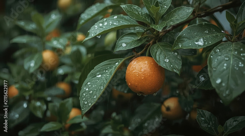 Lush green leaves and ripe orange fruit after rain, fresh and glistening
