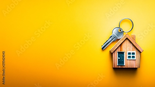 Miniature Wooden House Model with Key on Bright Yellow Background for Real Estate Themes