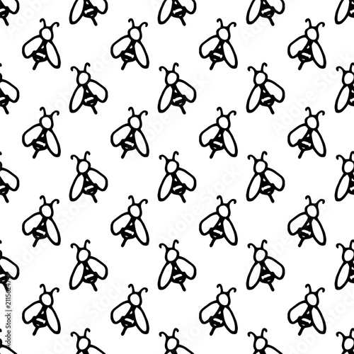 Seamless pattern with hand drawn happy funny cute honey bee Adorable flying striped insect friendly kawaii bumble bee For kids print, wrapping paper, packaging, fabric