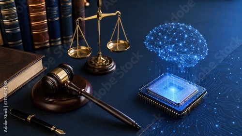 Judge gavel, scales of justice and law books beside a microchip projecting a glowing digital brain, symbolizing artificial intelligence, legal technology and cyber law