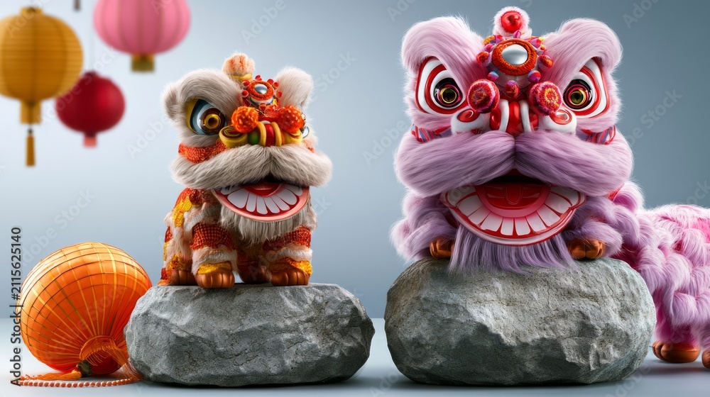 Fototapeta premium Celebratory Lunar New Year Holiday Arrangement with Traditional Lion Dance Decorations