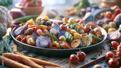 Colorful Seasonal Roasted Vegetables on a Tray with Fresh Herbs and Spices